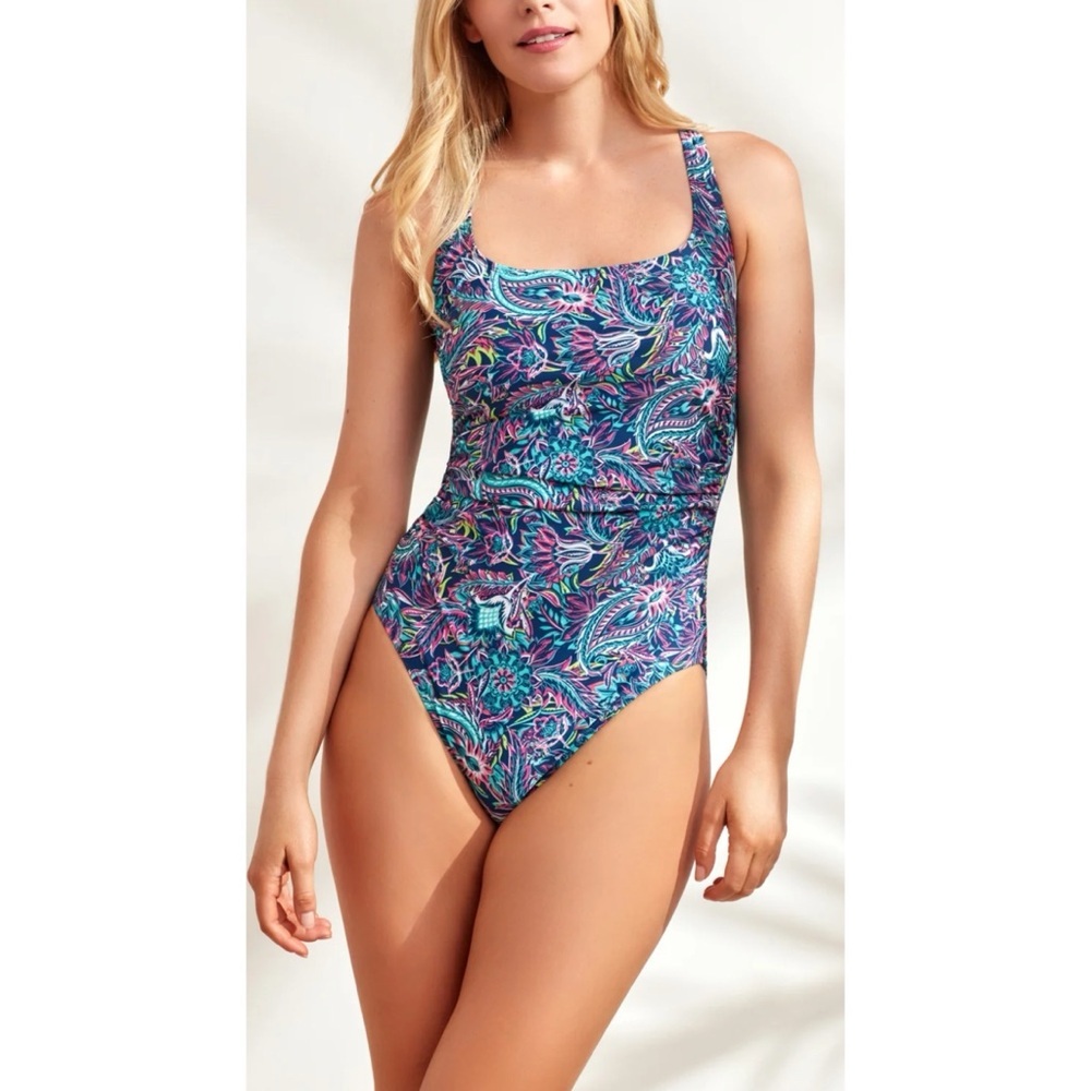 Caribbean Joe Paisley Print Side Shirred Square Neck 1 Piece Swimsuit Size 14